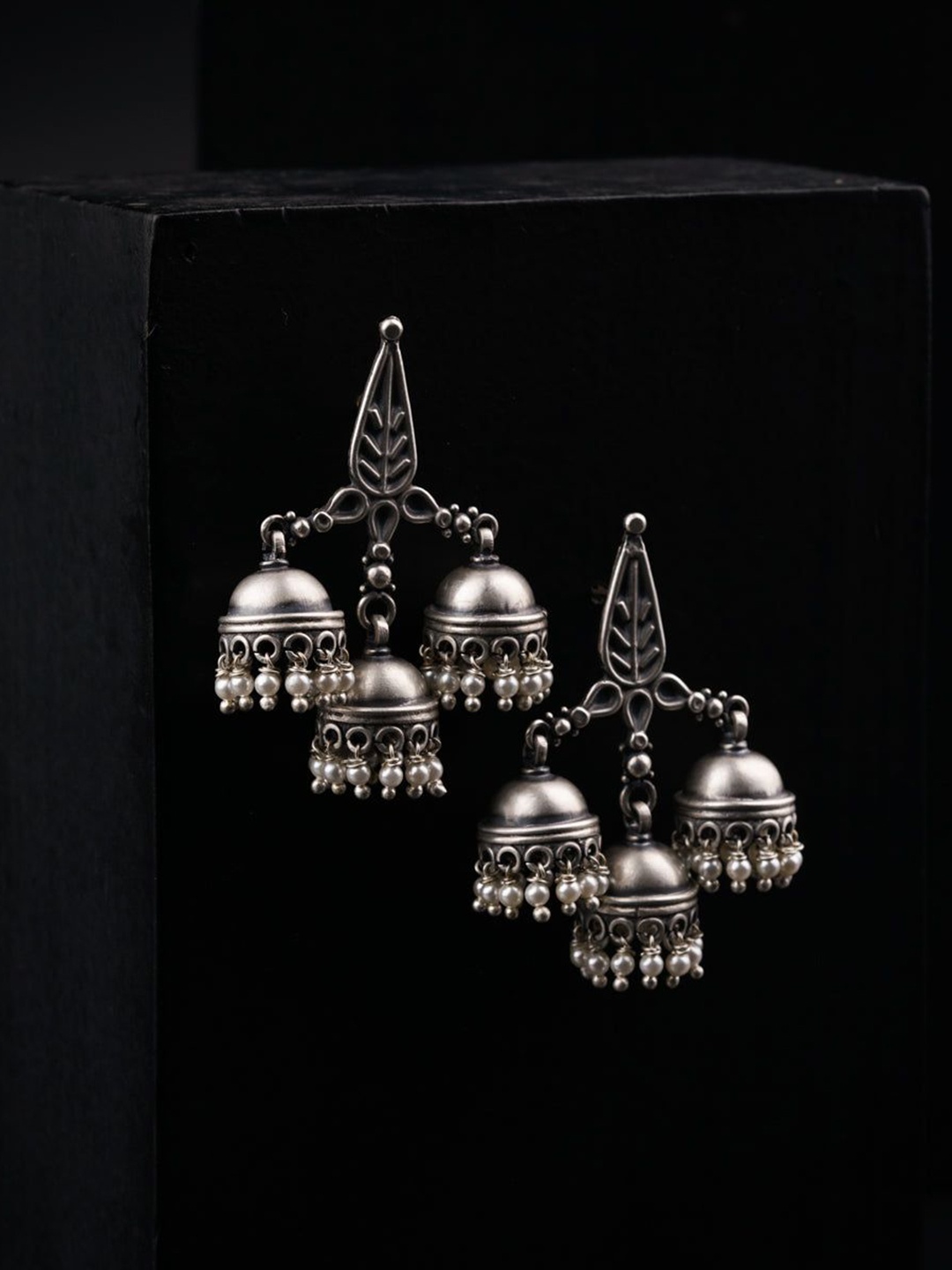 

House of Aadyaa 925 Sterling Silver Mini Leaf Shaped Oxidised Jhumkas