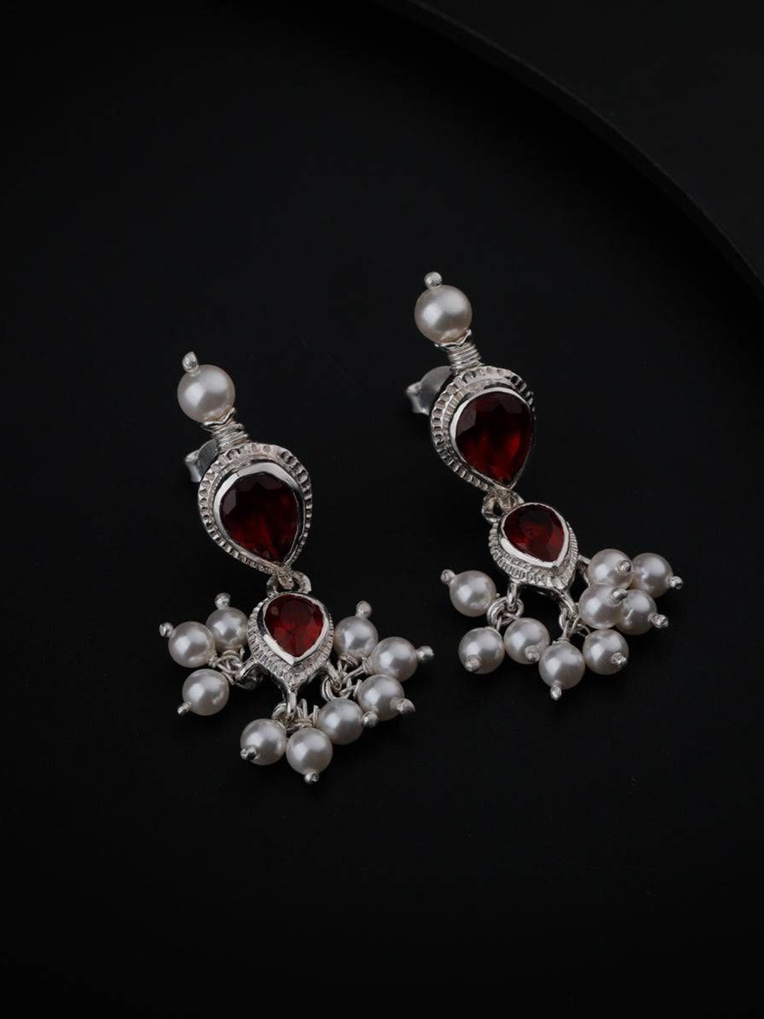 

House of Aadyaa 925 Sterling Silver Garnet Stone Studded Oxidised Tanmani Drop Earrings