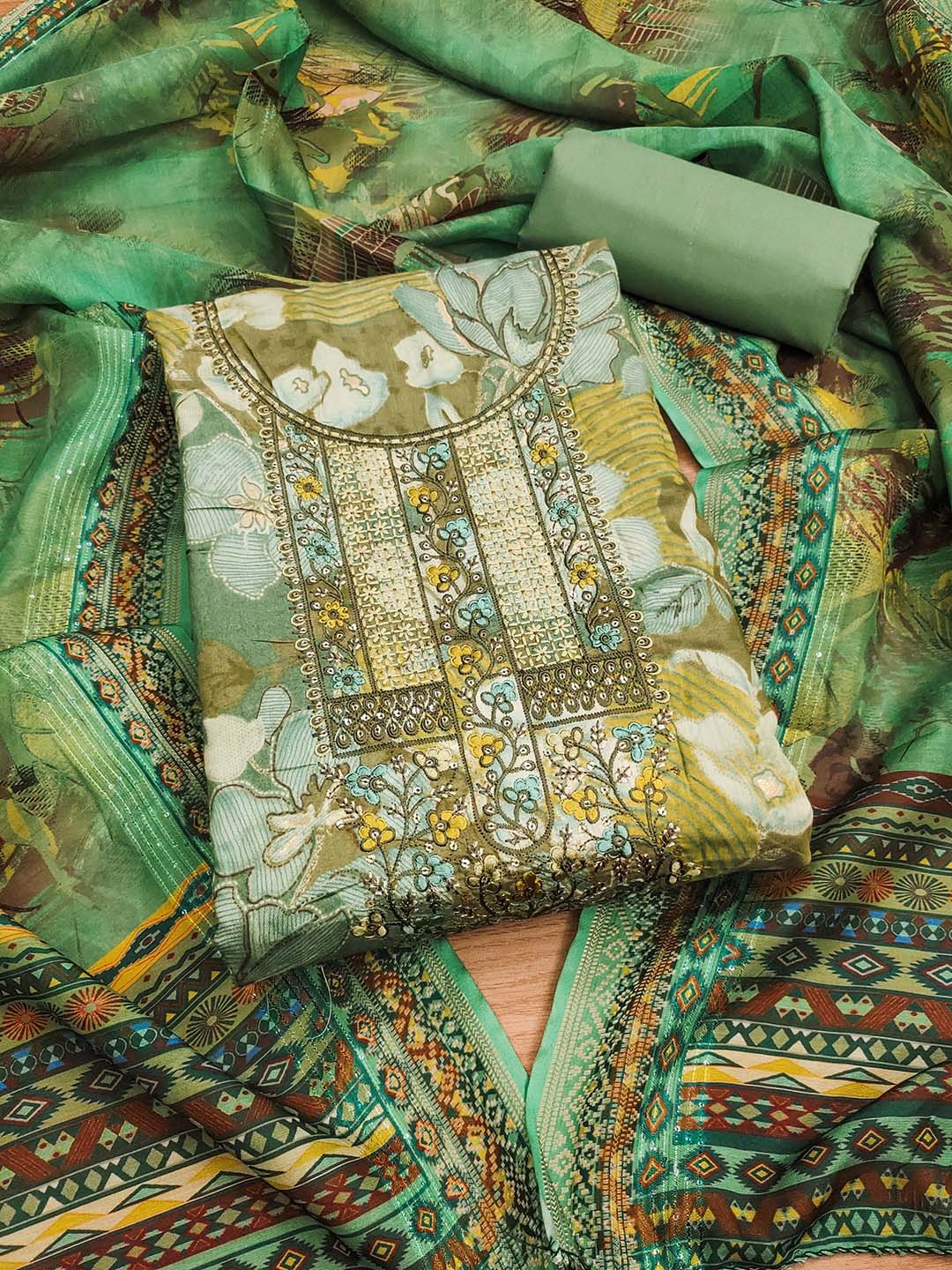 

HERE&NOW Floral Embroidered Modal Cotton Unstitched Dress Material, Green