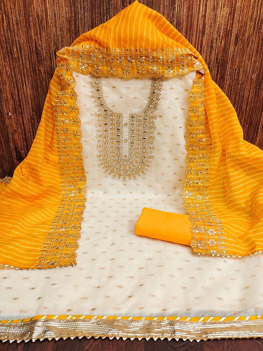 

HERE&NOW Geometric Woven Design Embroidered Unstitched Dress Material, White