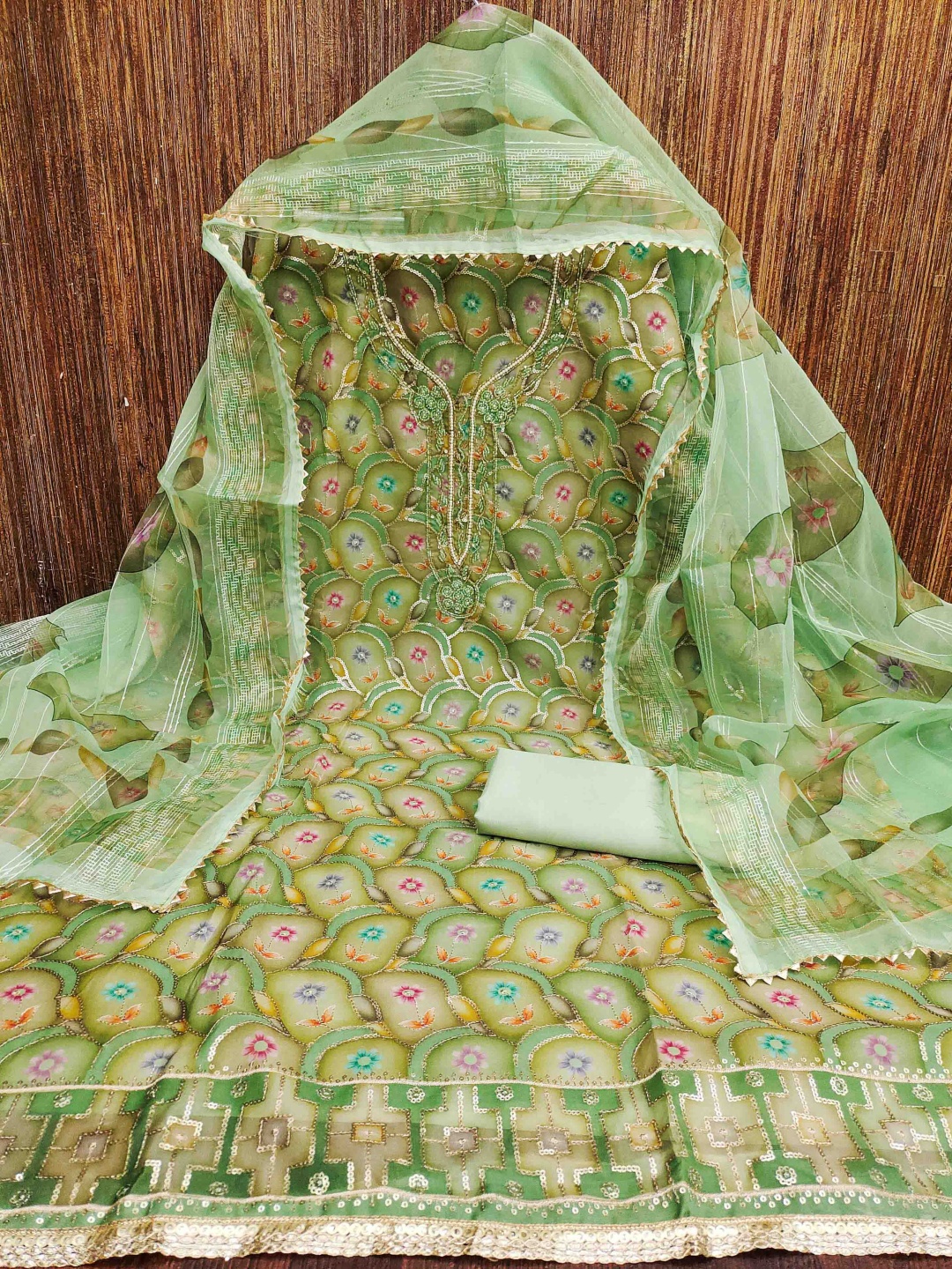 

HERE&NOW Floral Printed Sequinned Organza Unstitched Dress Material, Green