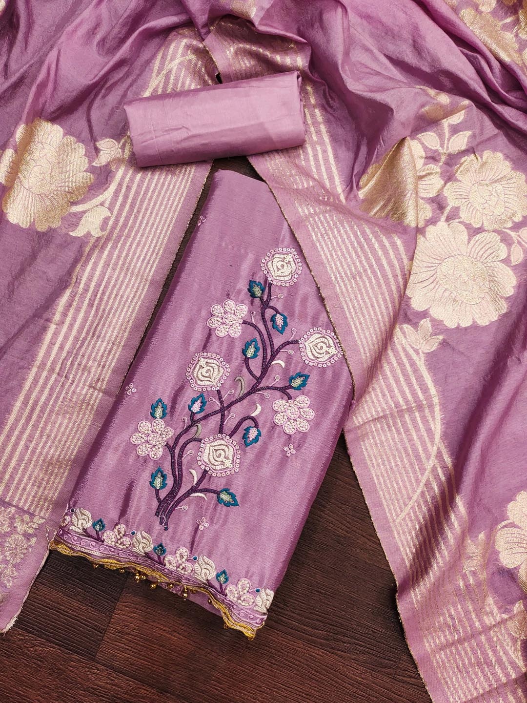 

HERE&NOW Floral Embroidered Sequinned Chinon Silk Unstitched Dress Material, Purple