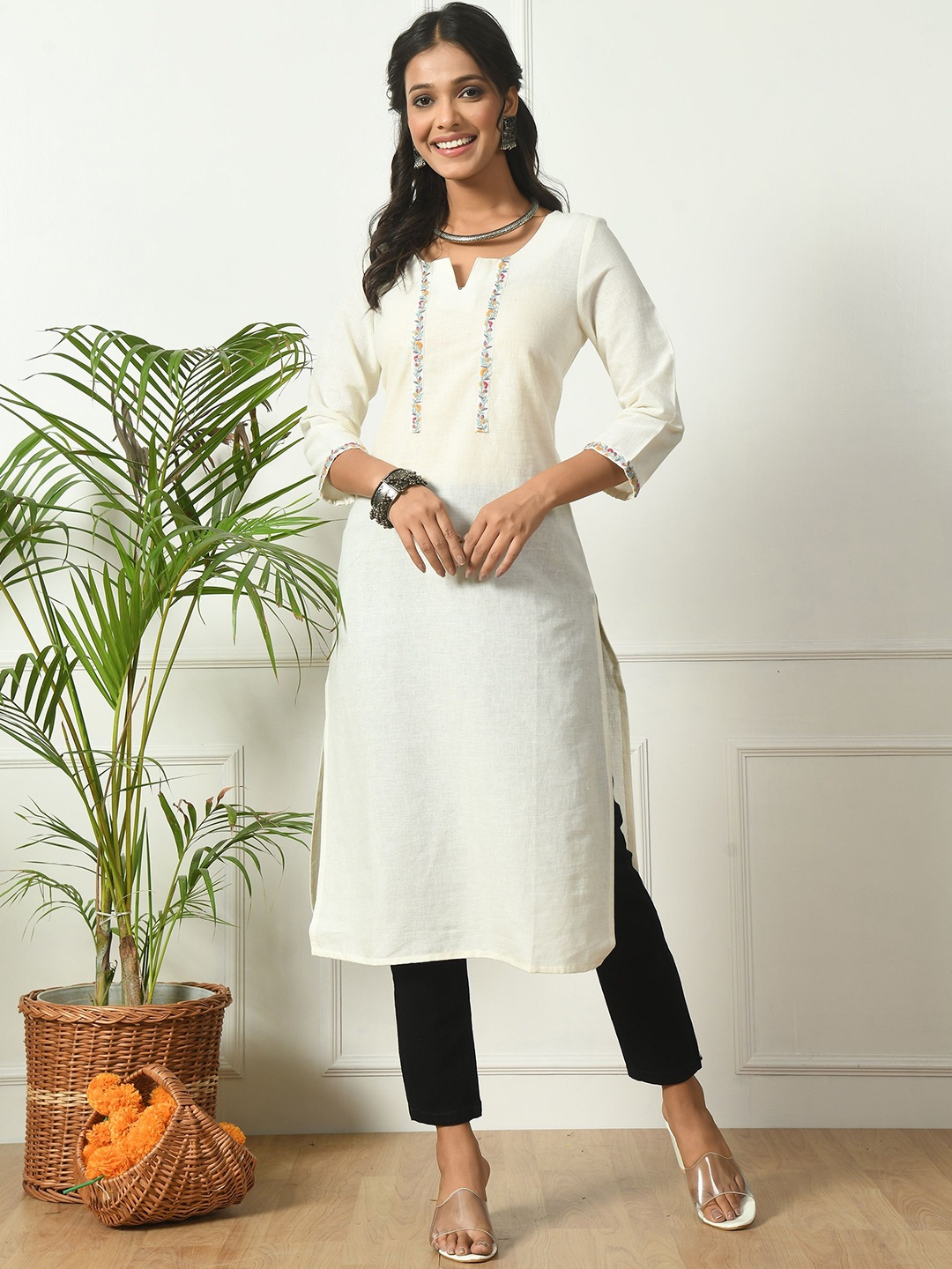 

Netreyam Floral Embroidered Notch Neck Cotton Straight Kurta, White