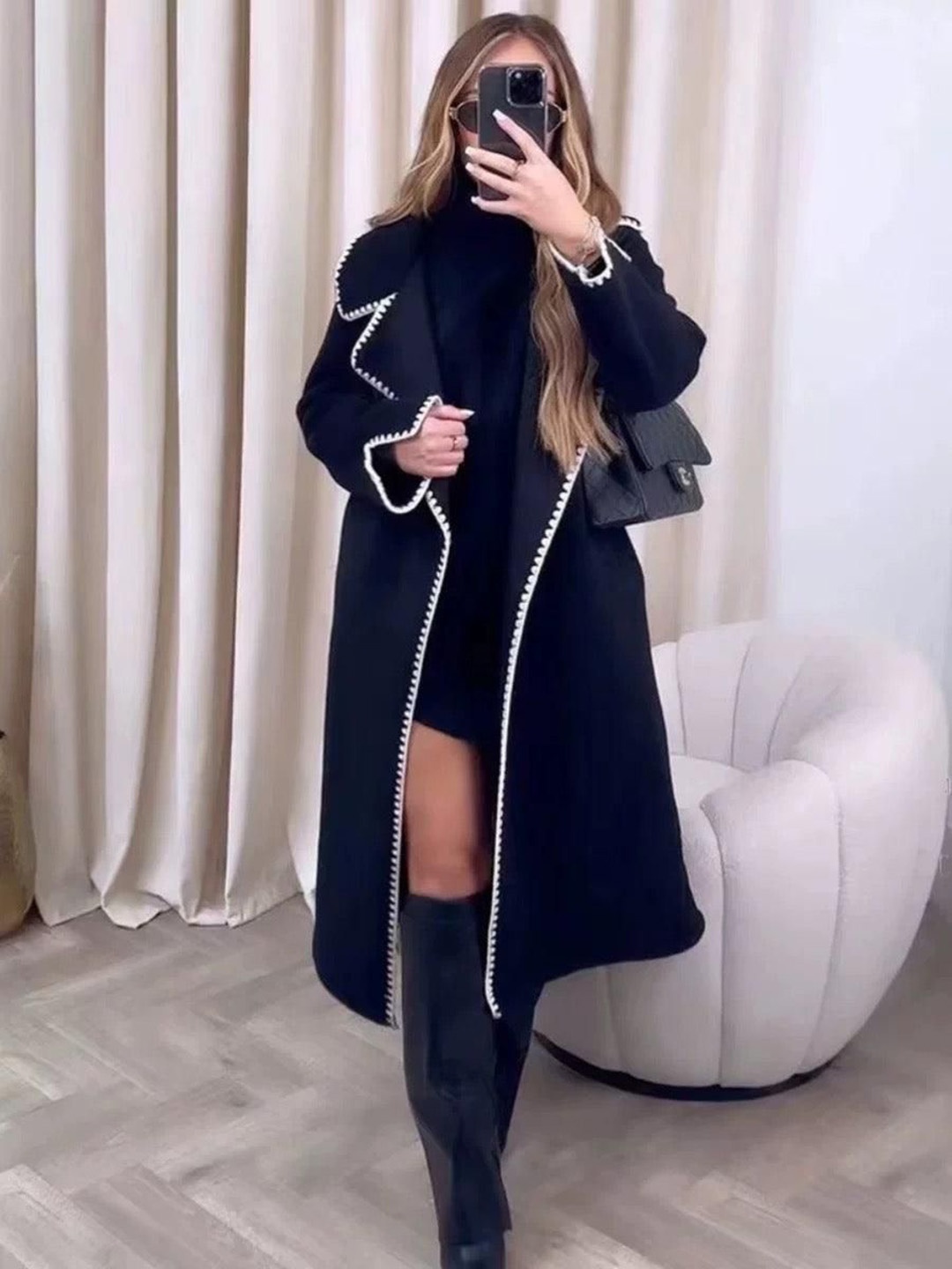 Alamode By Akanksha Women Black Brussels Luxe Oversized Coat