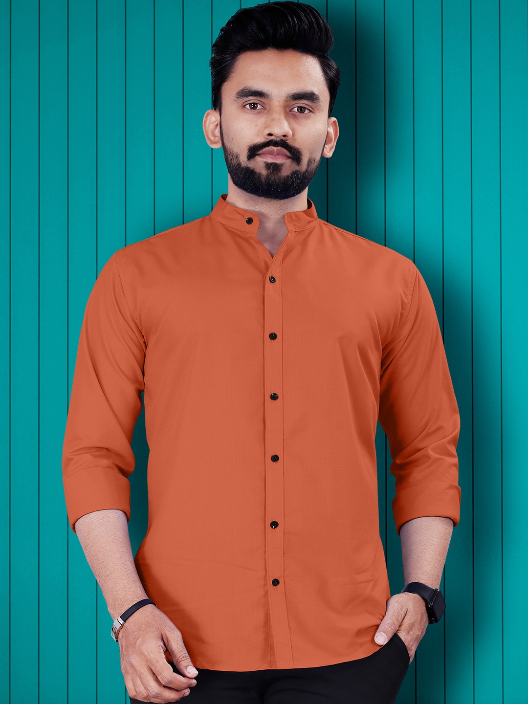 

VeBNoR Men Standard Fit Solid Mandarin Collar Casual Shirt, Orange