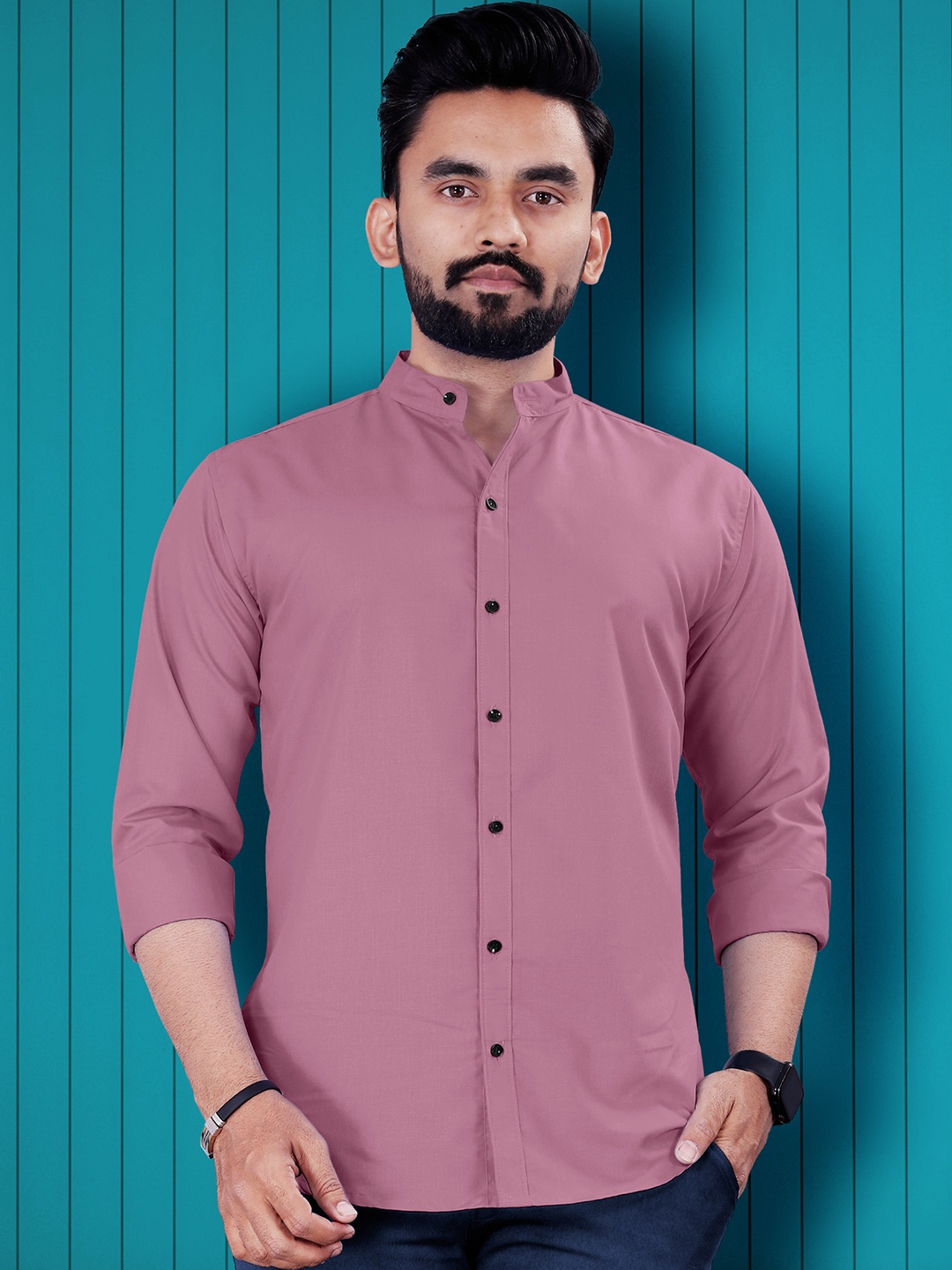 

VeBNoR Men Standard Fit Solid Mandarin Collar Shirt, Pink