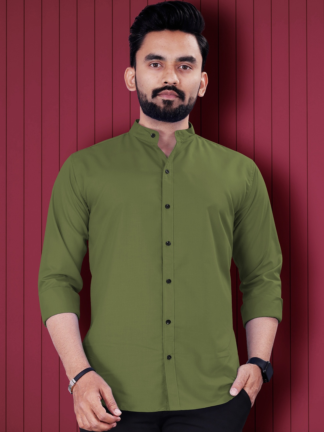 

VeBNoR Men Standard Fit Solid Mandarin Collar Casual Shirt, Green