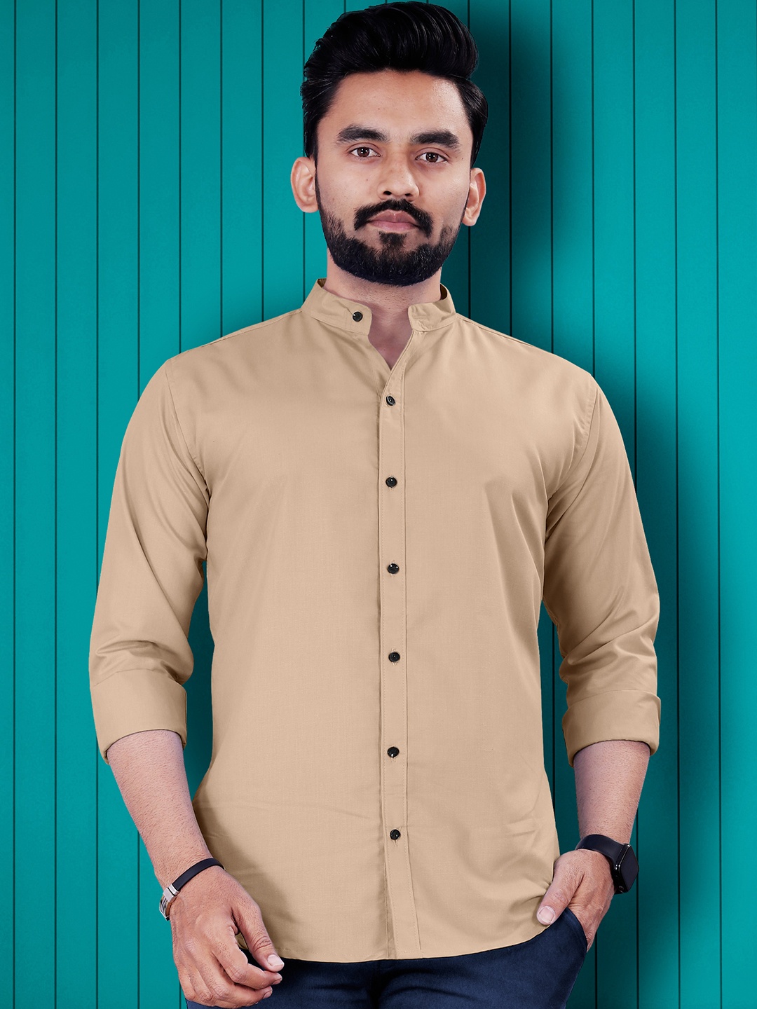 

VeBNoR Men Standard Mandarin Collar Solid Casual Shirt, Brown