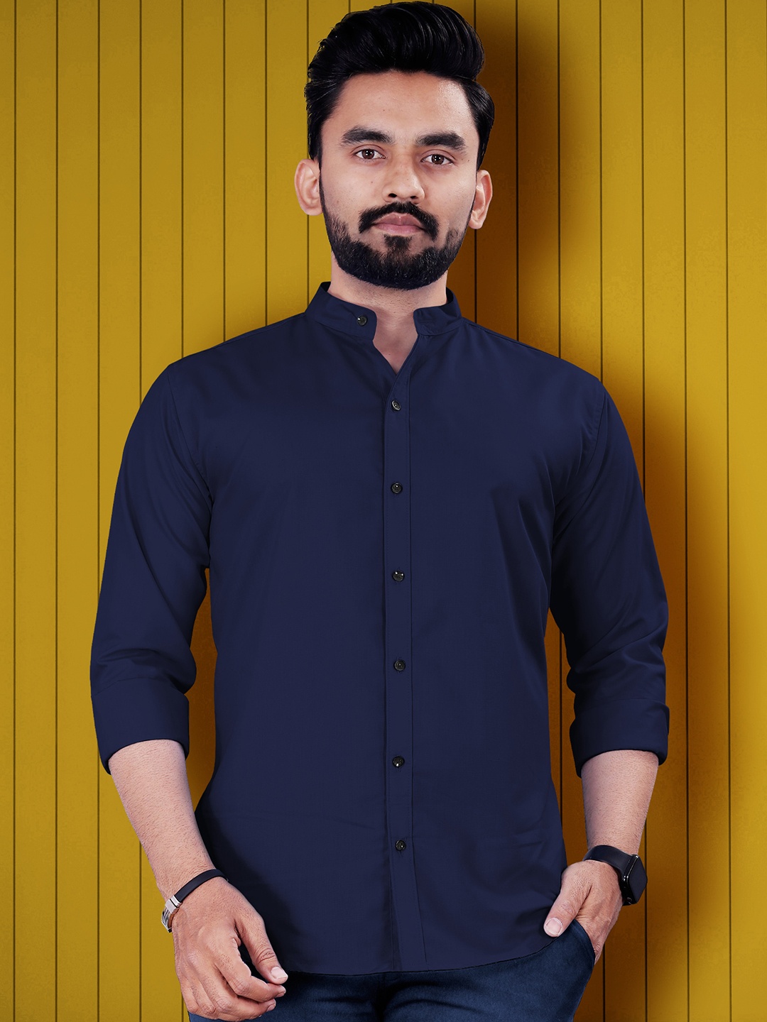 

VeBNoR Men Standard Fit Solid Mandarin Collar Casual Shirt, Navy blue