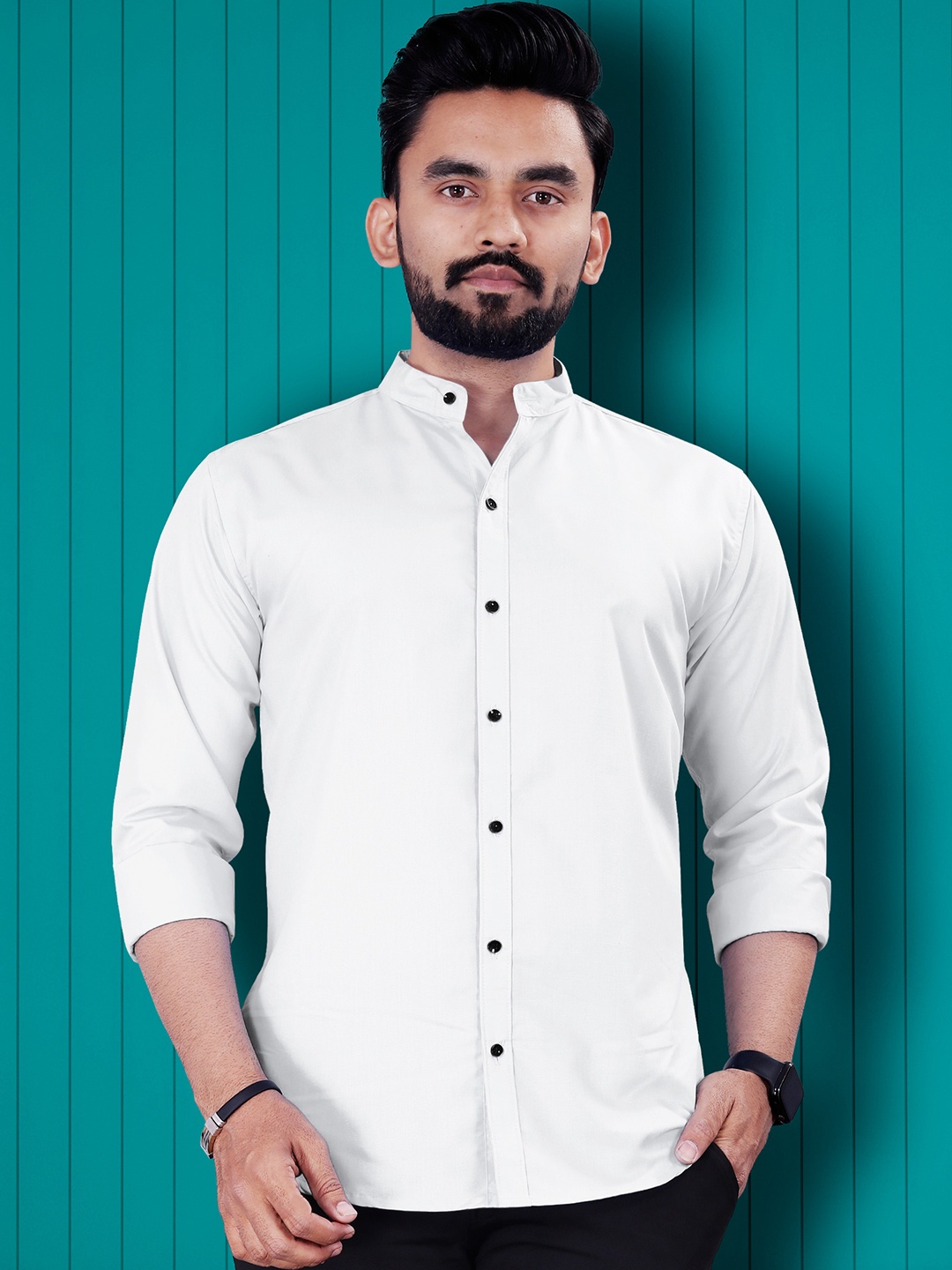 

VeBNoR Men Standard Fit Solid Mandarin Collar Casual Shirt, White