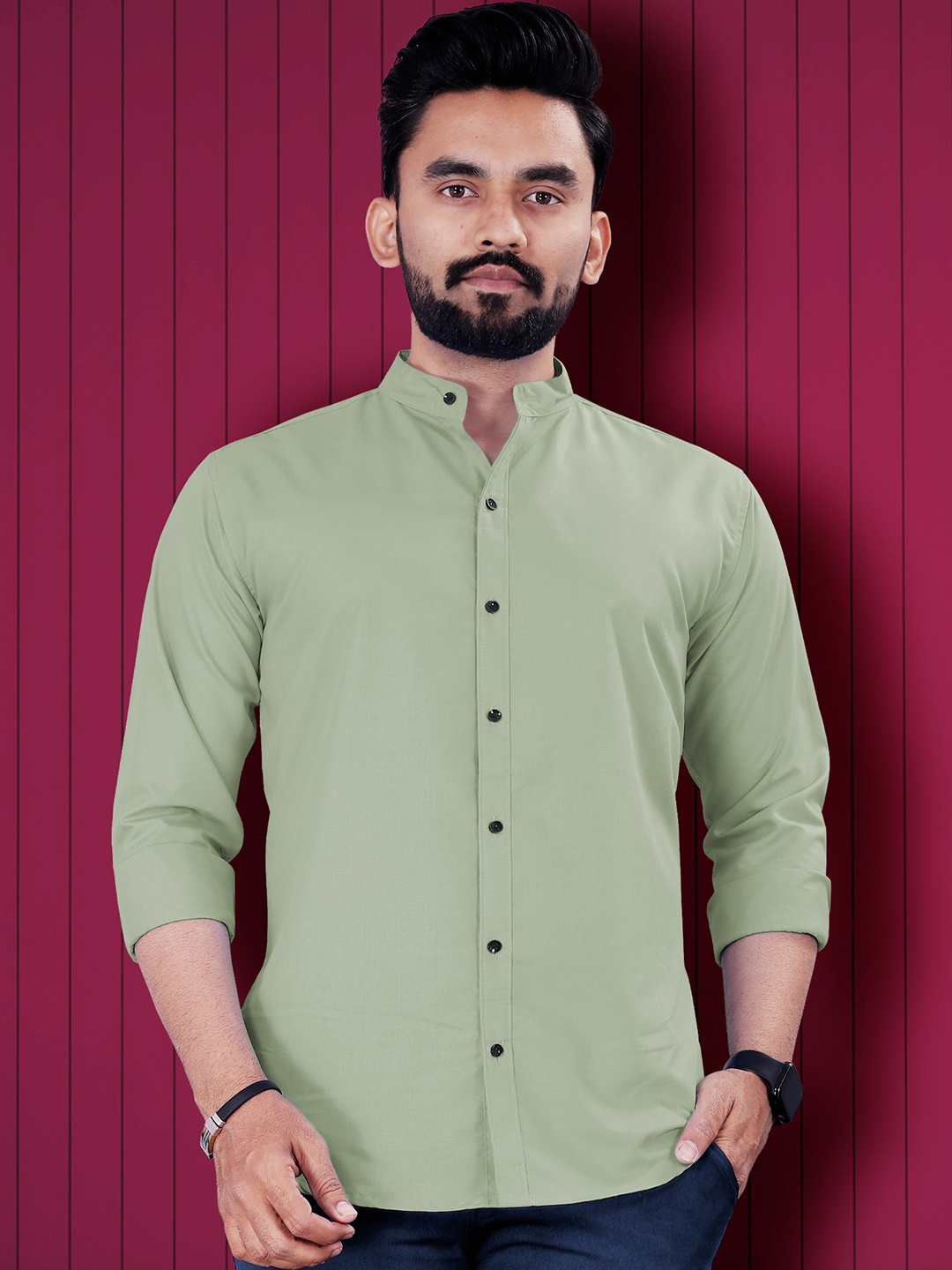 

VeBNoR Men Standard Fit Solid Mandarin Collar Shirt, Green