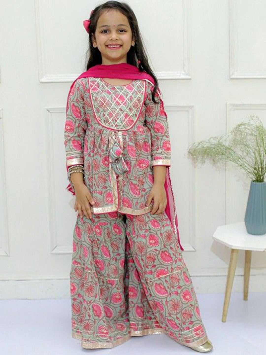 

Ka-mee Girls Floral Printed Gotta Patti Pure Cotton A-Line Kurta With Sharara And Dupatta, Grey