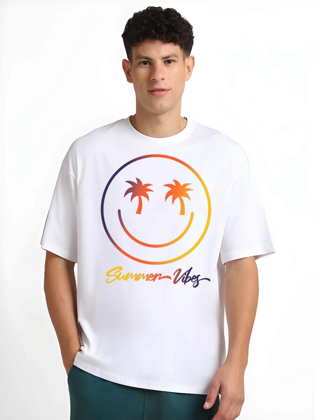 

BOWLIFESTYLE Men Graphic Printed Round Neck Pure Cotton Oversized T-shirt, White