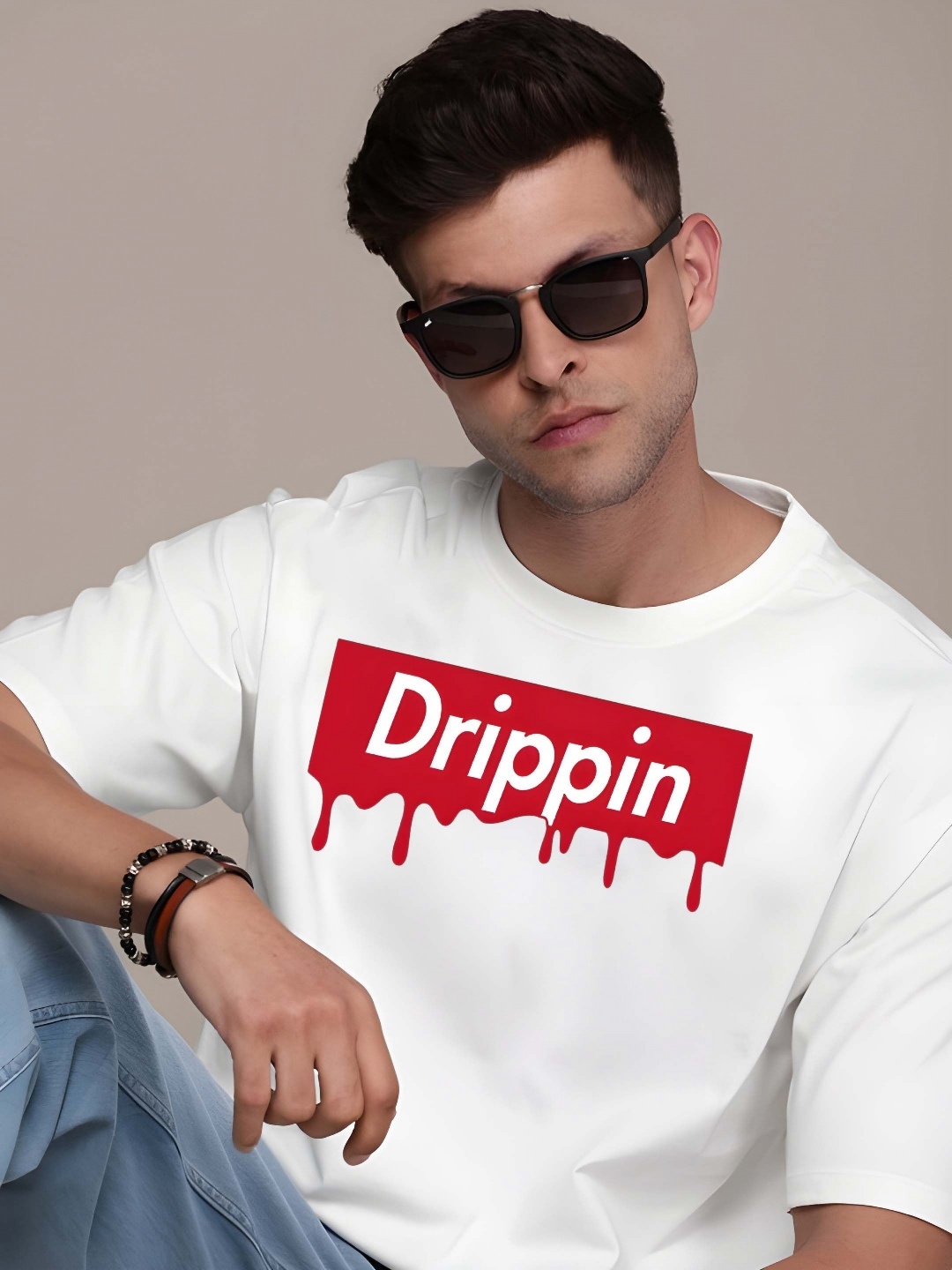 

BOWLIFESTYLE Men Typography Printed Round Neck Pure Cotton Oversized T-shirt, White
