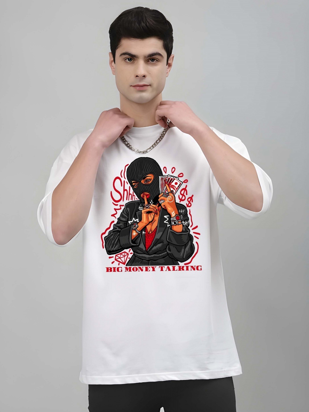 

BOWLIFESTYLE Men Graphic Printed Round Neck Pure Cotton Oversized T-shirt, White