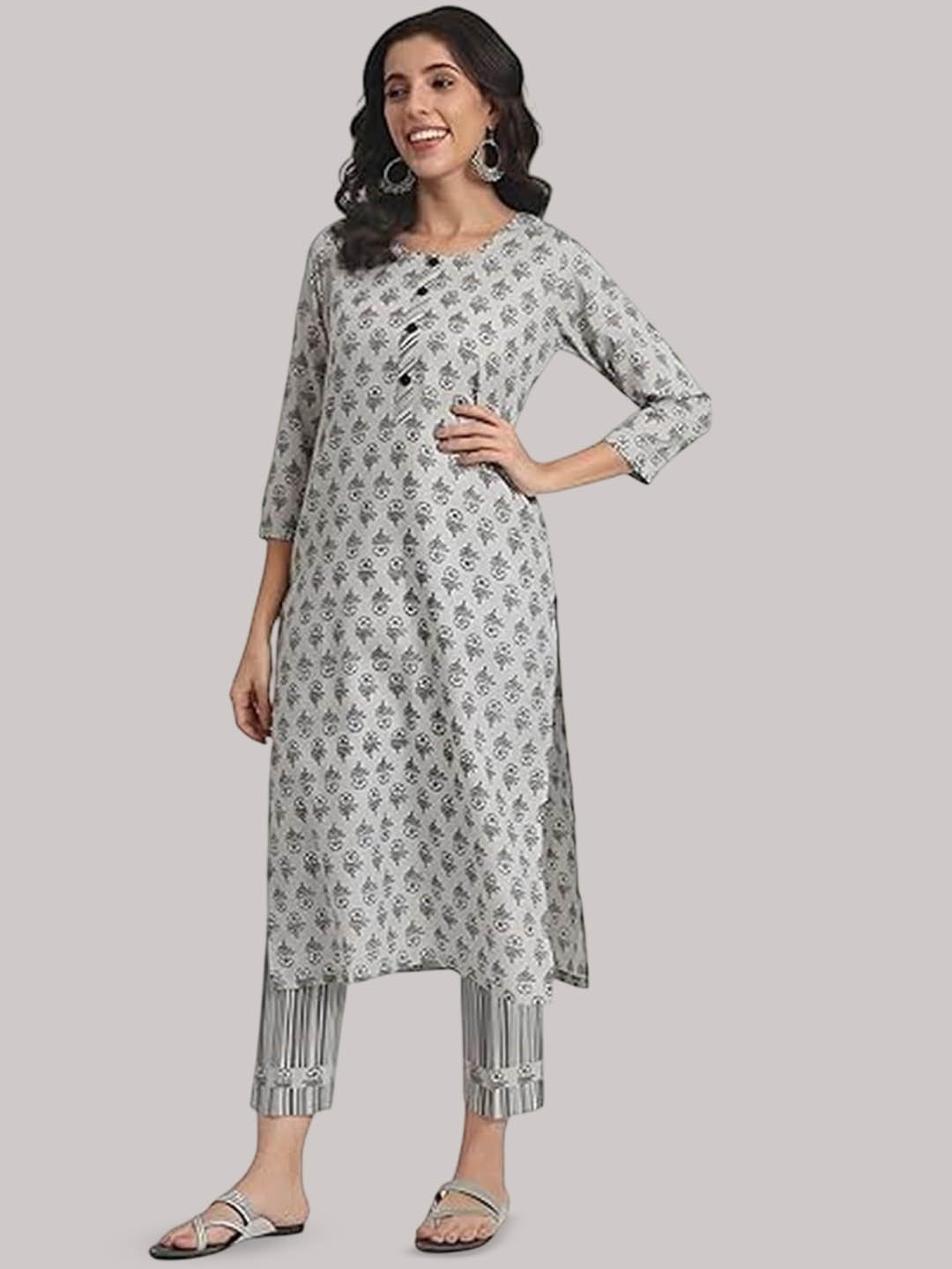 

ANGOORI FASHION Floral Printed Round Neck Pure Cotton Straight Kurta With Trousers, Grey
