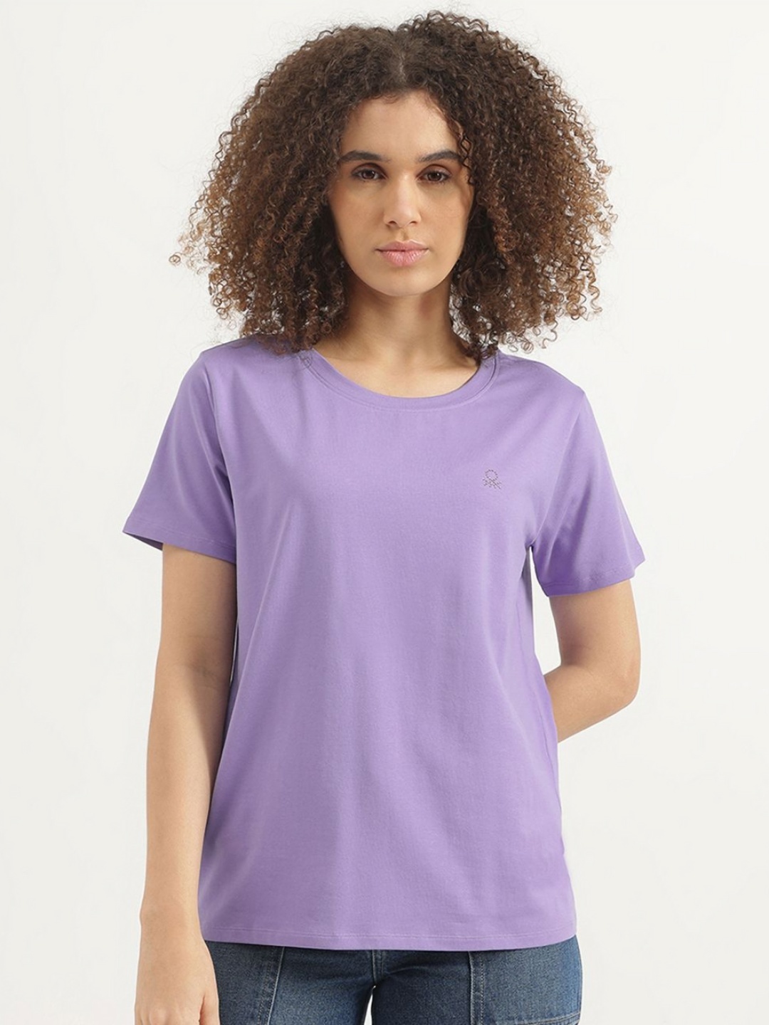 

United Colors of Benetton Women Solid Round Neck Cotton T-shirt, Lavender