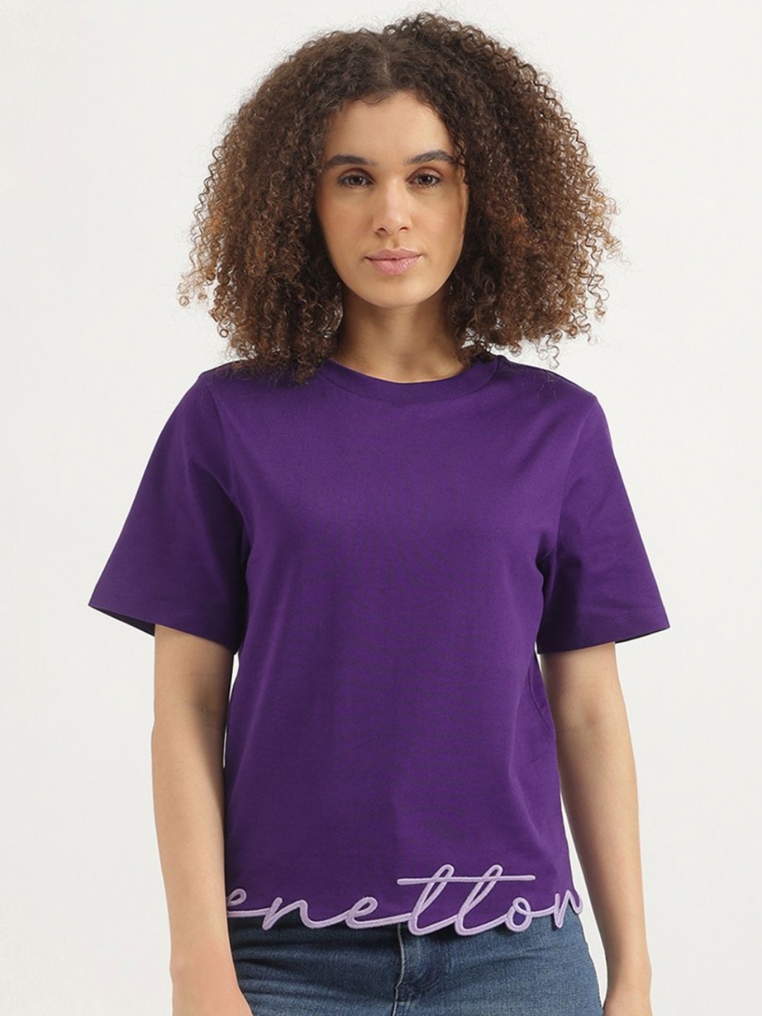 

United Colors of Benetton Women Solid Round Neck Pure Cotton T-shirt, Purple