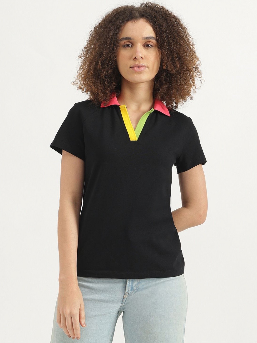 

United Colors of Benetton Women Solid Polo Collar Cotton T-shirt, Black