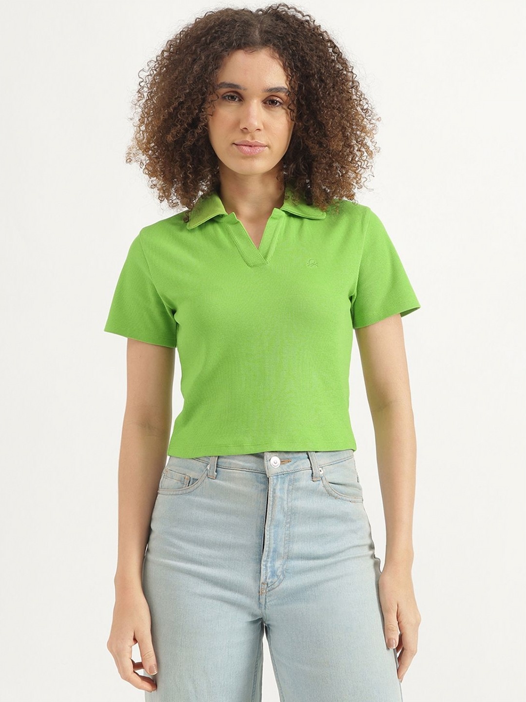 

United Colors of Benetton Women Solid Polo Collar Cotton T-shirt, Green