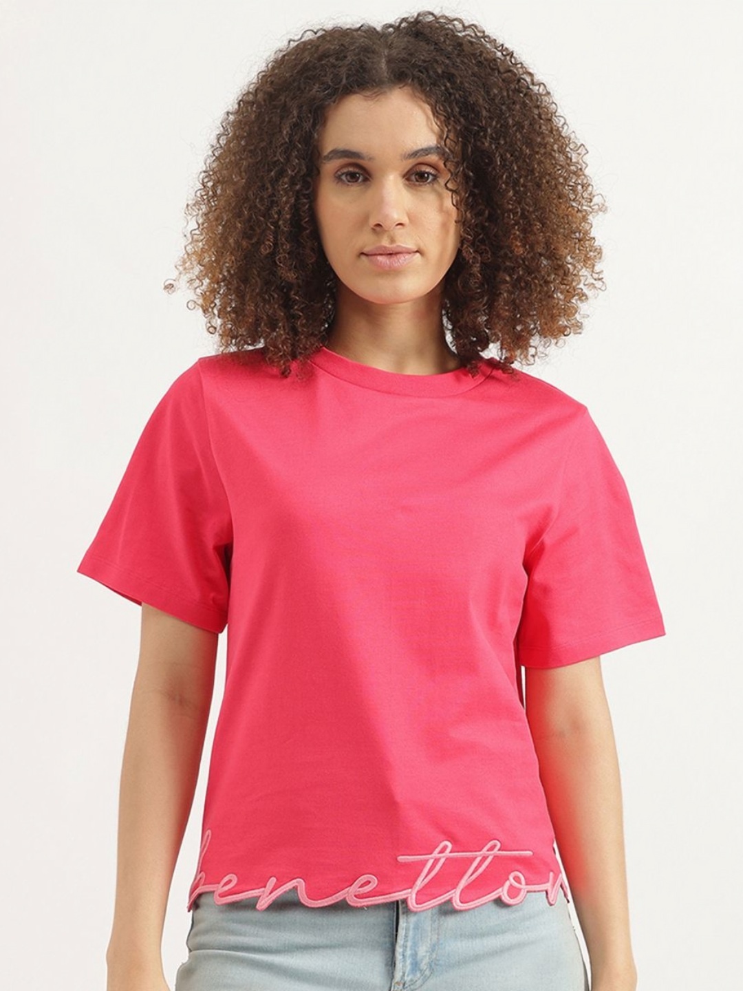 

United Colors of Benetton Women Solid Round Neck Pure Cotton T-shirt, Pink