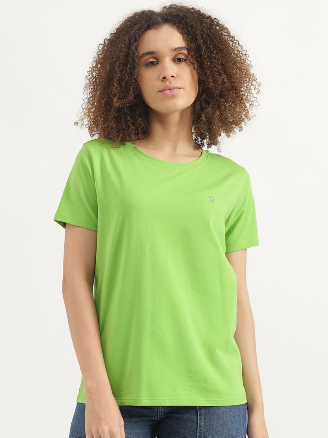 

United Colors of Benetton Women Solid Round Neck Cotton T-shirt, Green