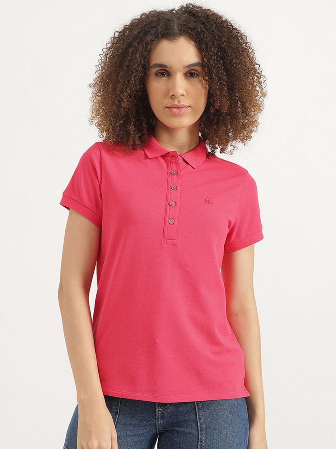 

United Colors of Benetton Women Solid Polo Collar Cotton T-shirt, Pink