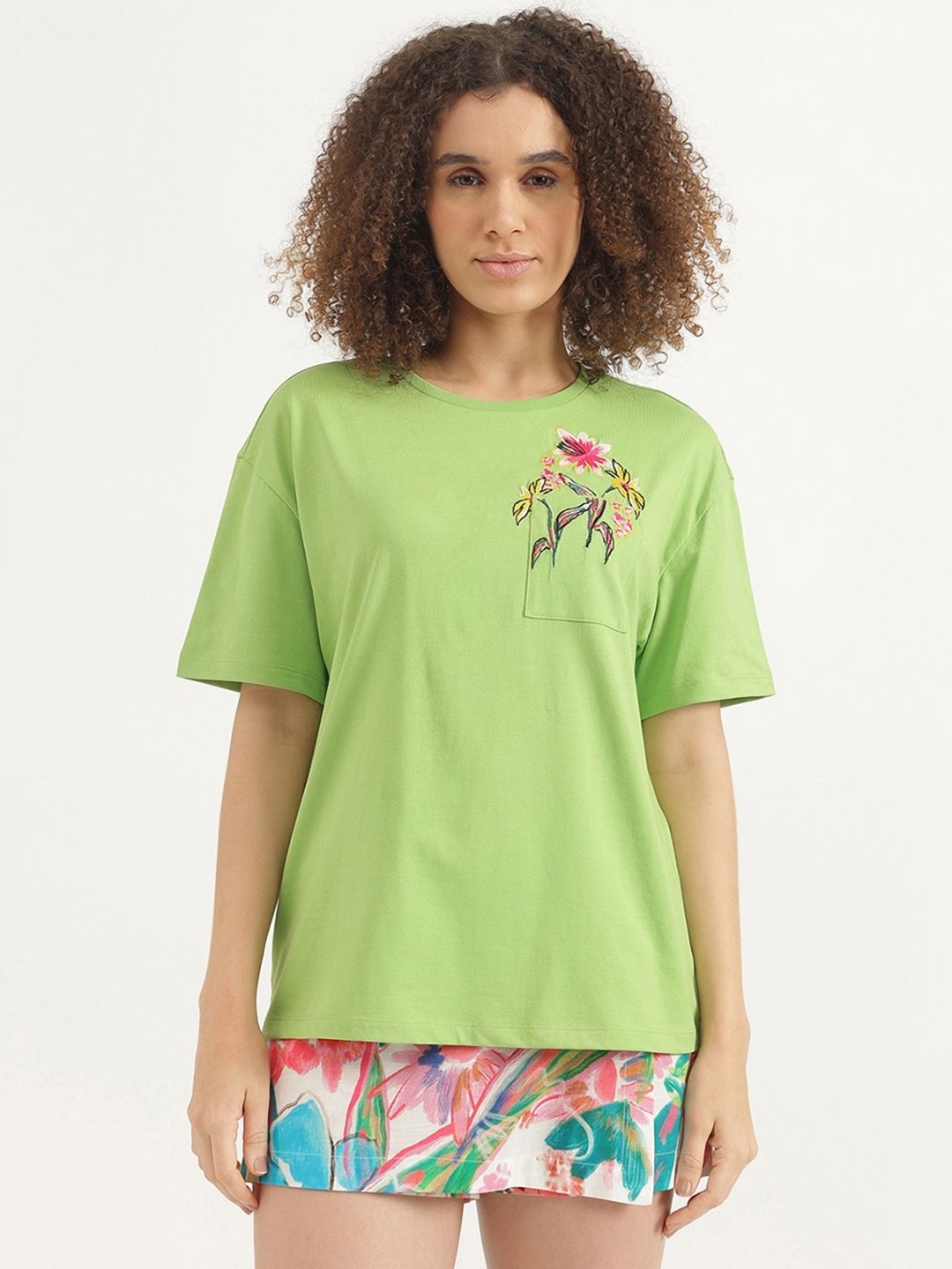 

United Colors of Benetton Women Floral Printed Oversized Pure Cotton T-shirt, Green