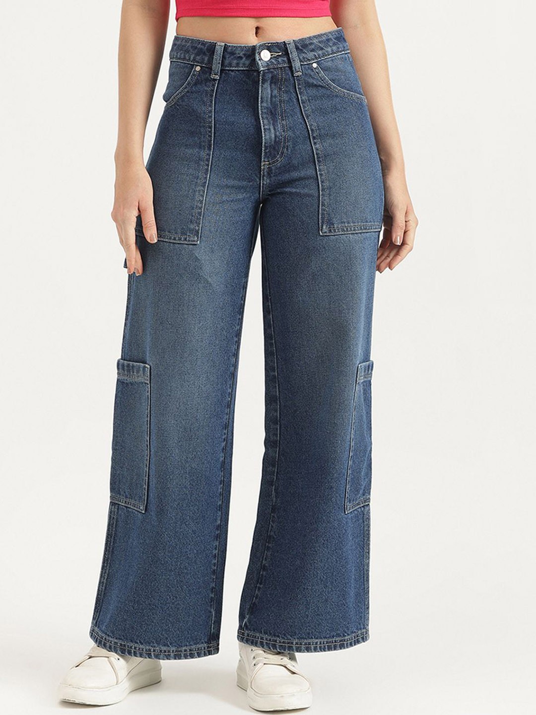

United Colors of Benetton Women Wide Leg Low-Rise Cargo Styles Jeans, Blue