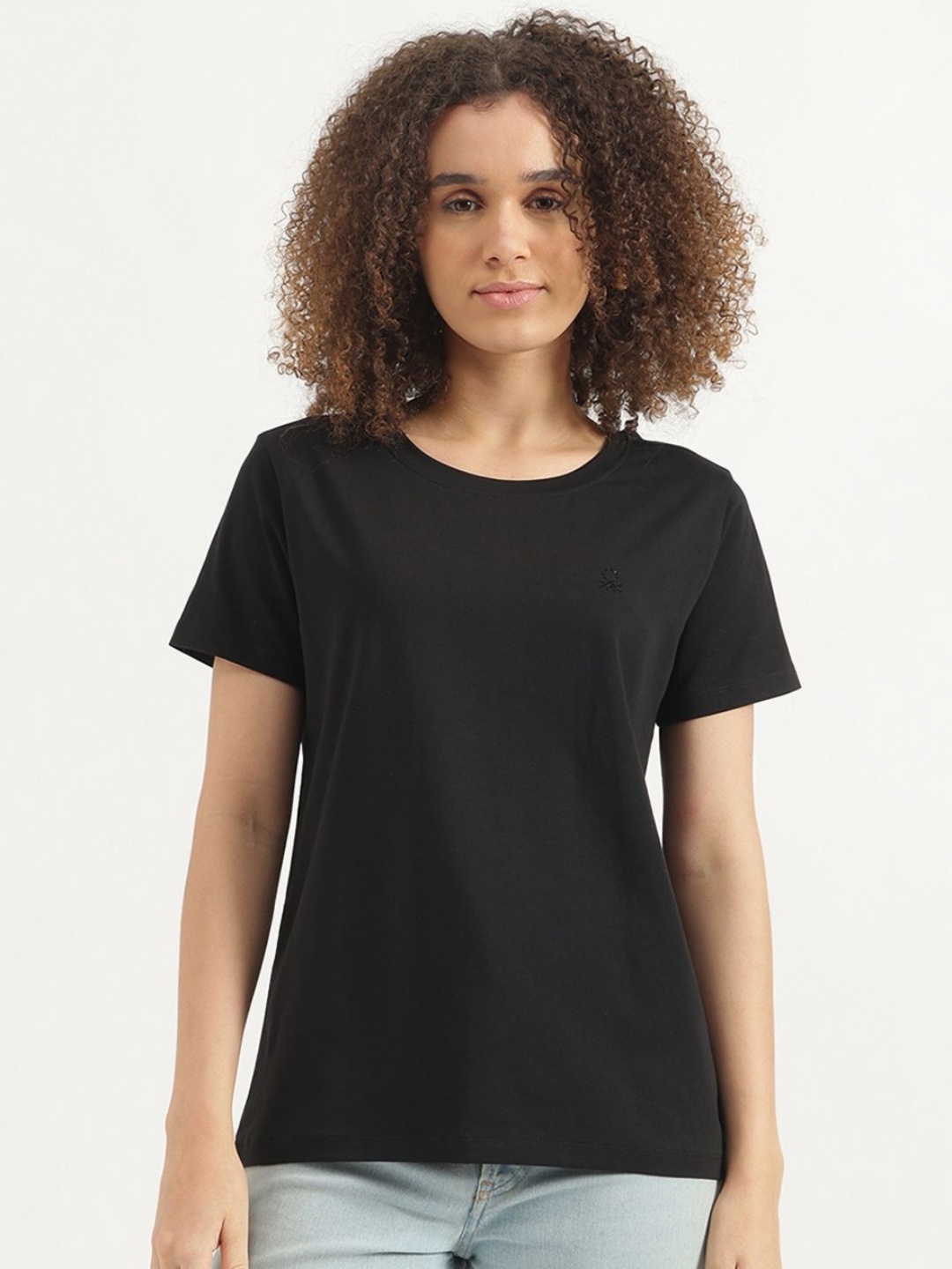 

United Colors of Benetton Women Solid Round Neck Cotton T-shirt, Black