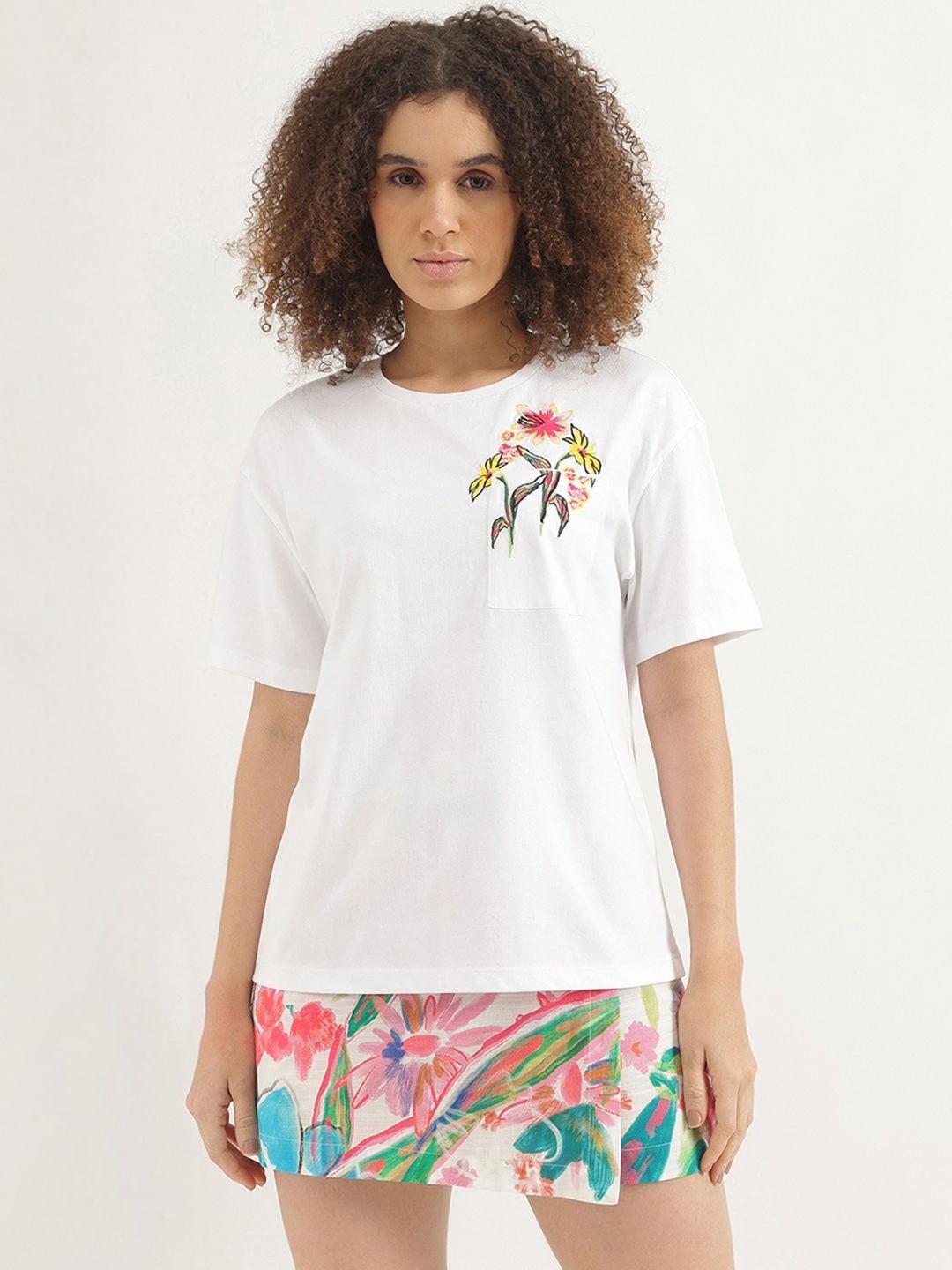 

United Colors of Benetton Women Floral Printed Round Neck Pure Cotton T-shirt, White