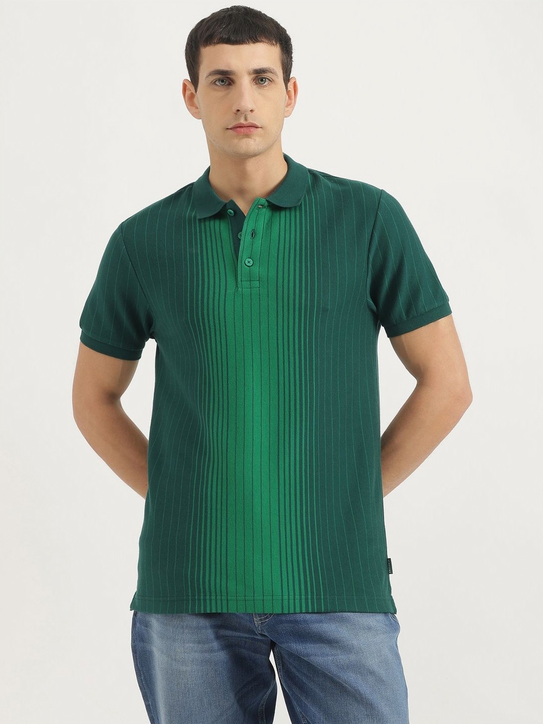 

United Colors of Benetton Men Striped Polo Collar Cotton T-shirt, Green