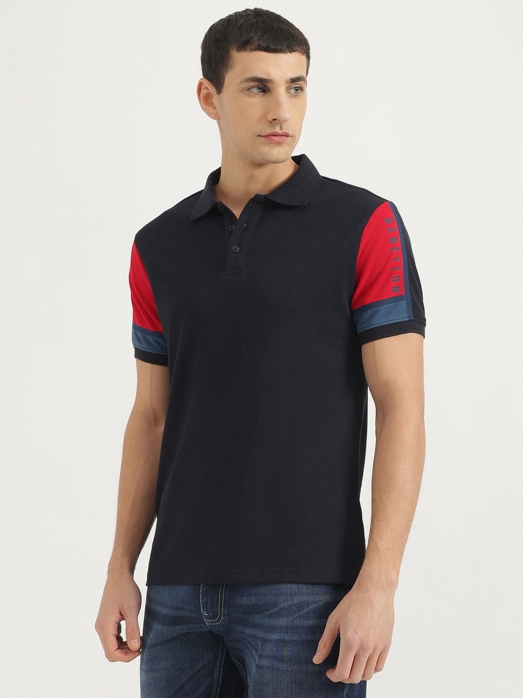 

United Colors of Benetton Men Solid Polo Collar Pure Cotton T-shirt, Navy blue