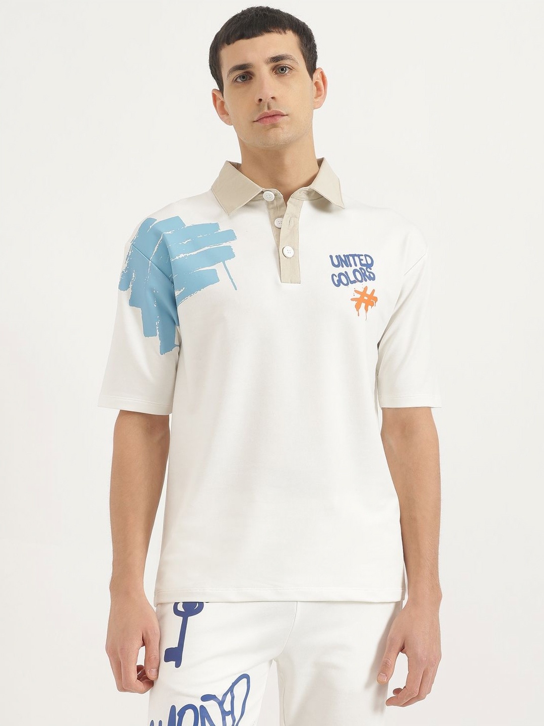 

United Colors of Benetton Men Typography Printed Polo Collar Cotton Relaxed Fit T-shirt, White