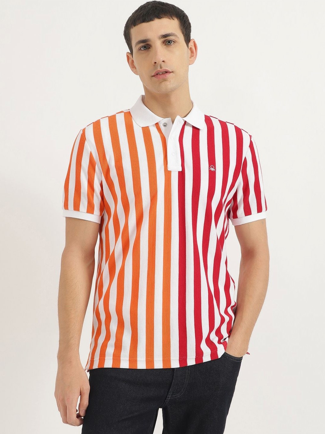 United Colors of Benetton Men Striped Polo Collar Cotton T-shirt, Red