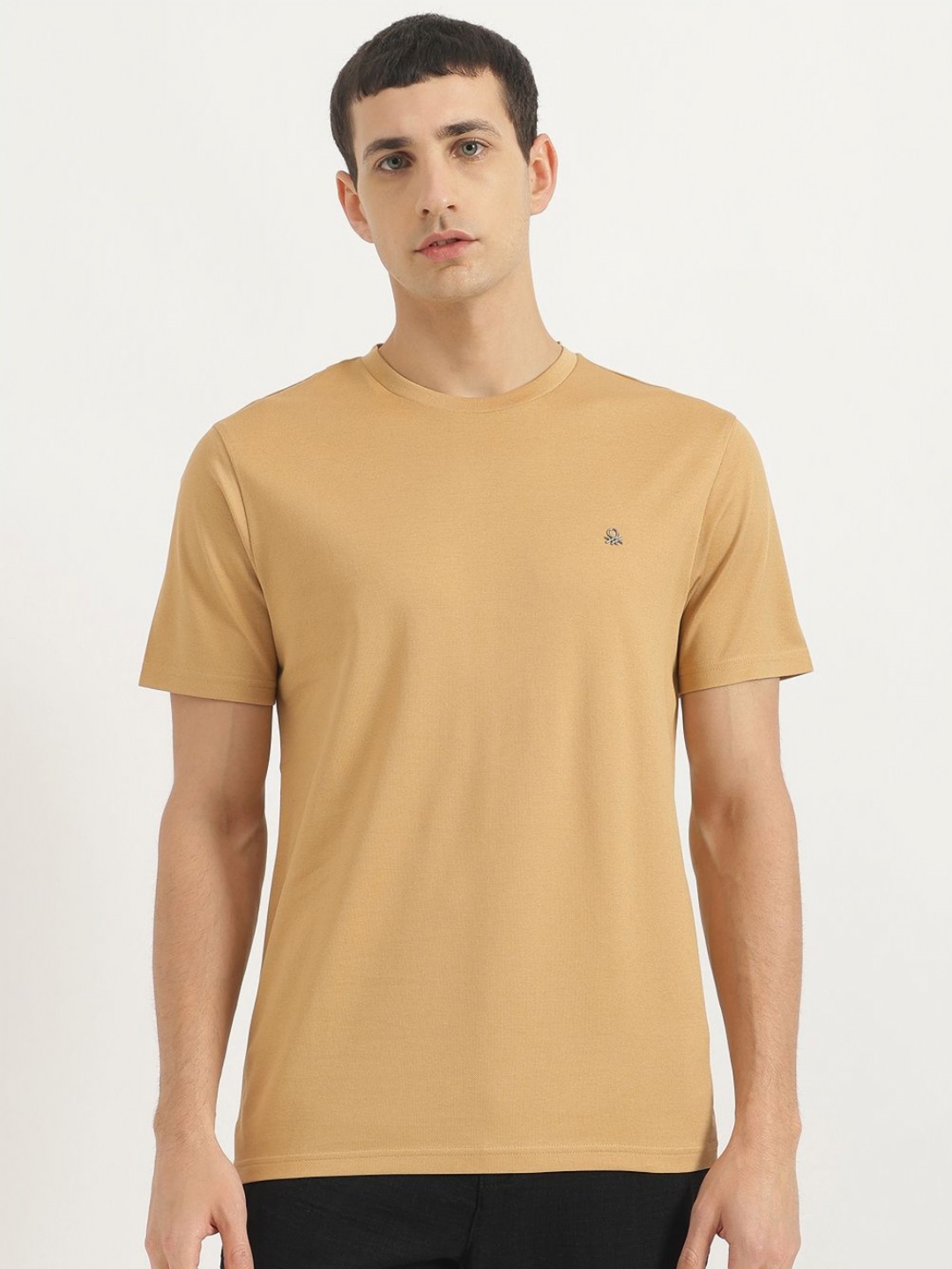 

United Colors of Benetton Men Solid Round Neck Pure Cotton T-shirt, Beige