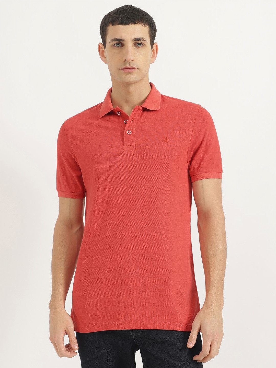 

United Colors of Benetton Men Solid Polo Collar Pure Cotton T-shirt, Coral