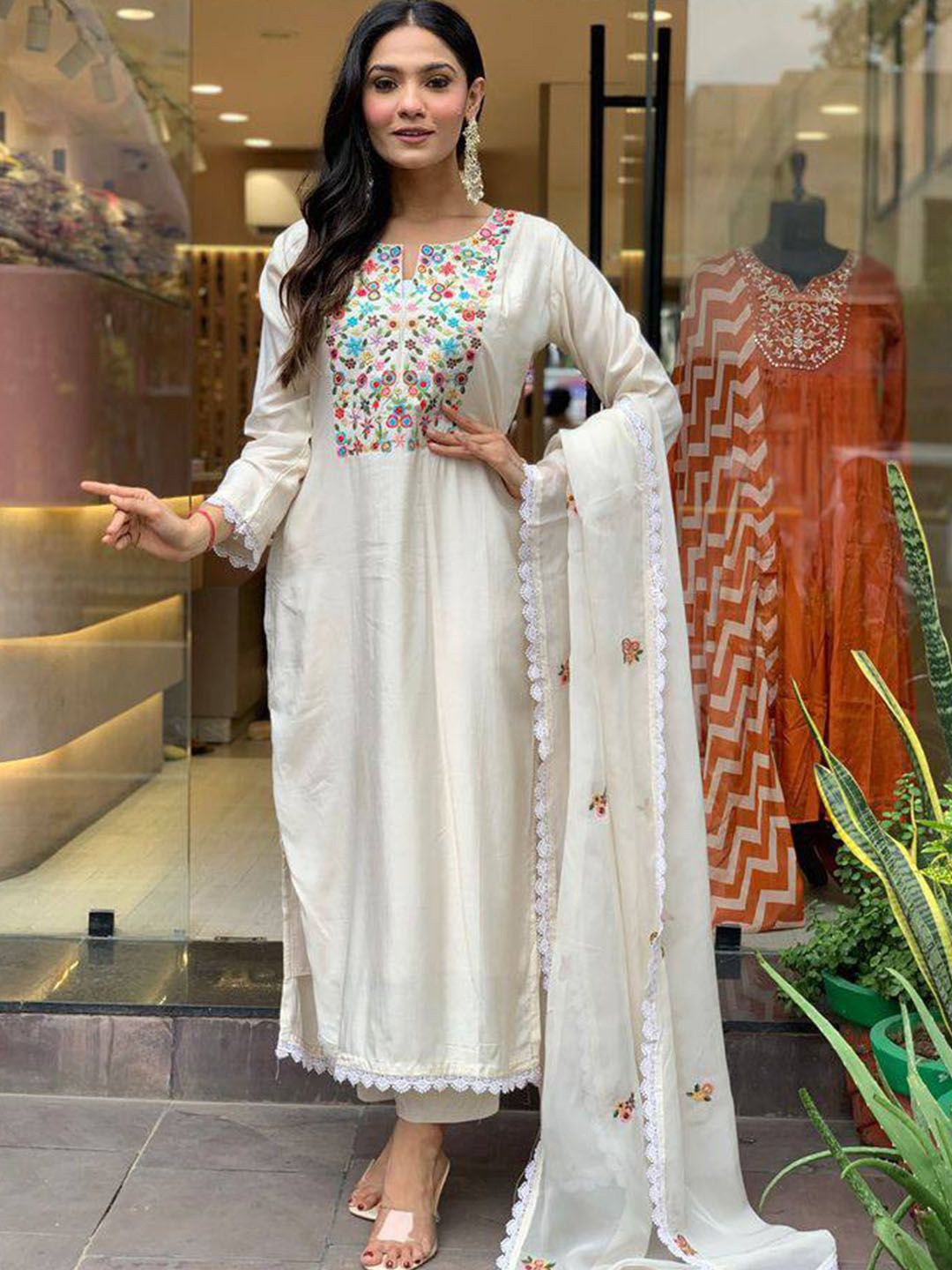 

KALINI Floral Embroidered Yoke Design Notch Neck Chanderi Kurta With Trousers & Dupatta, Off white