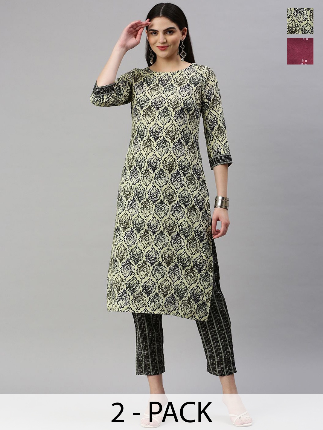 

KALINI Selection Of 2 Floral Printed Round Neck Straight Kurtas With Trousers, Cream