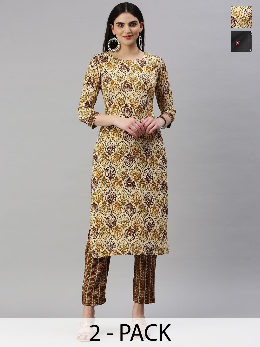 

KALINI Selection Of 2 Ethnic Motifs Printed Round Neck Straight Kurta with Trousers, Cream