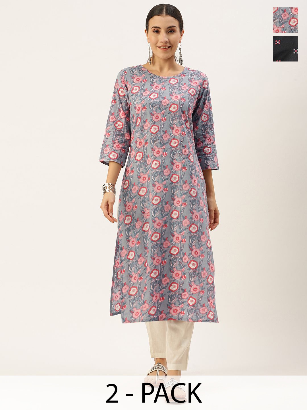 

KALINI Selection Of 2 Floral Printed Round Neck Straight Kurtas With Trousers, Grey