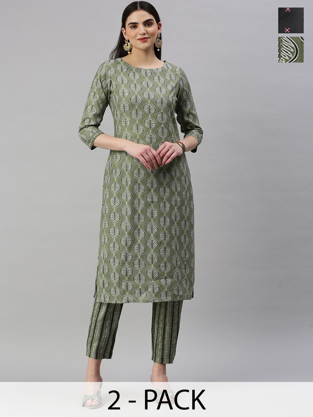 

KALINI Selection Of 2 Ethnic Motifs Printed Round Neck Straight Kurtas With Trousers, Olive