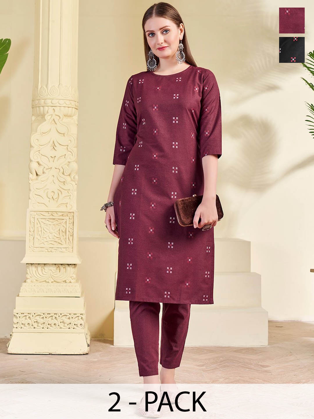 

KALINI Selection Of 2 Geometric Printed Round Neck Straight Kurtas With Trousers, Maroon