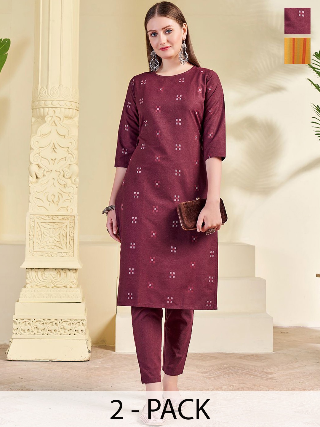 

KALINI Selection Of 2 Geometric Woven Design Round Neck Straight Kurta with Trousers, Maroon