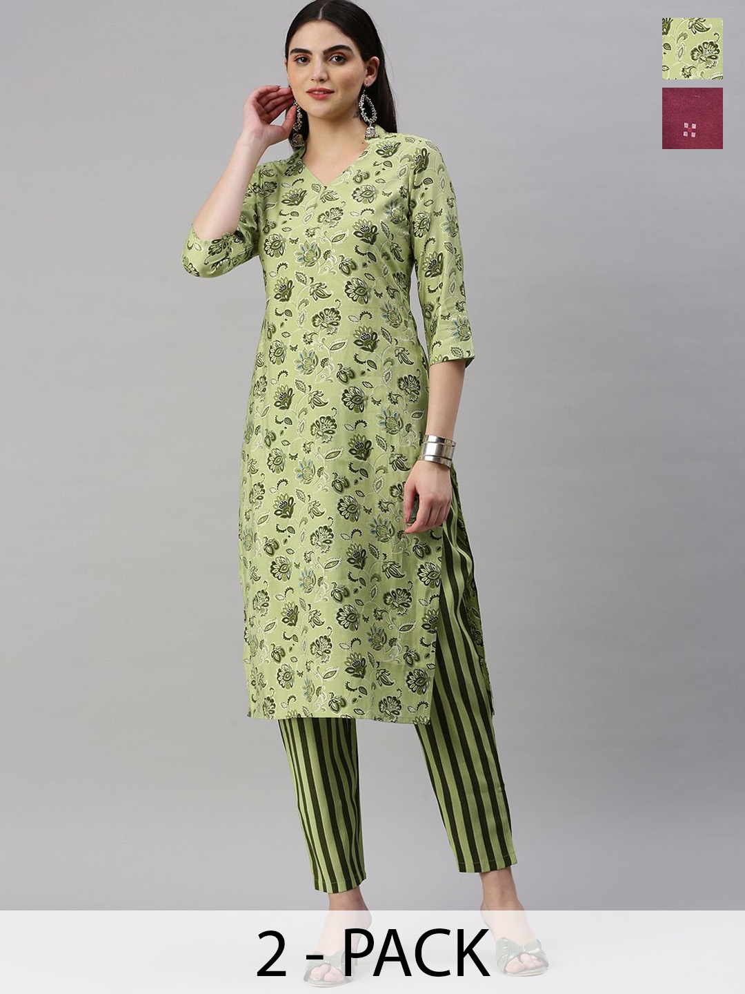 

KALINI Selection Of 2 Floral Printed Round Neck Straight Kurtas With Trousers, Green