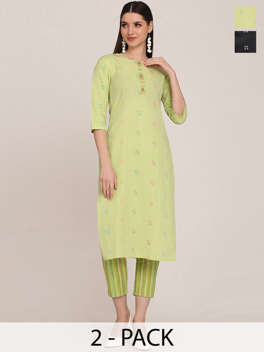 

KALINI Selection Of 2 Geometric Printed Round Neck Straight Kurtas With Trousers, Sea green