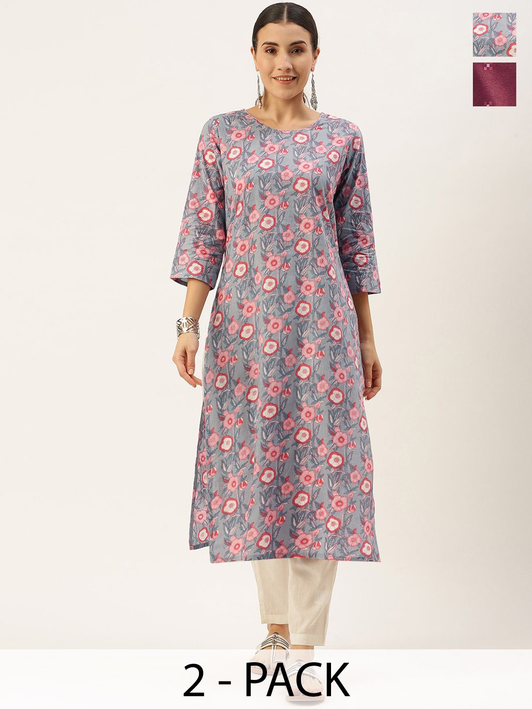 

KALINI Selection Of 2 Floral Printed Round Neck Straight Kurtas With Trousers, Grey