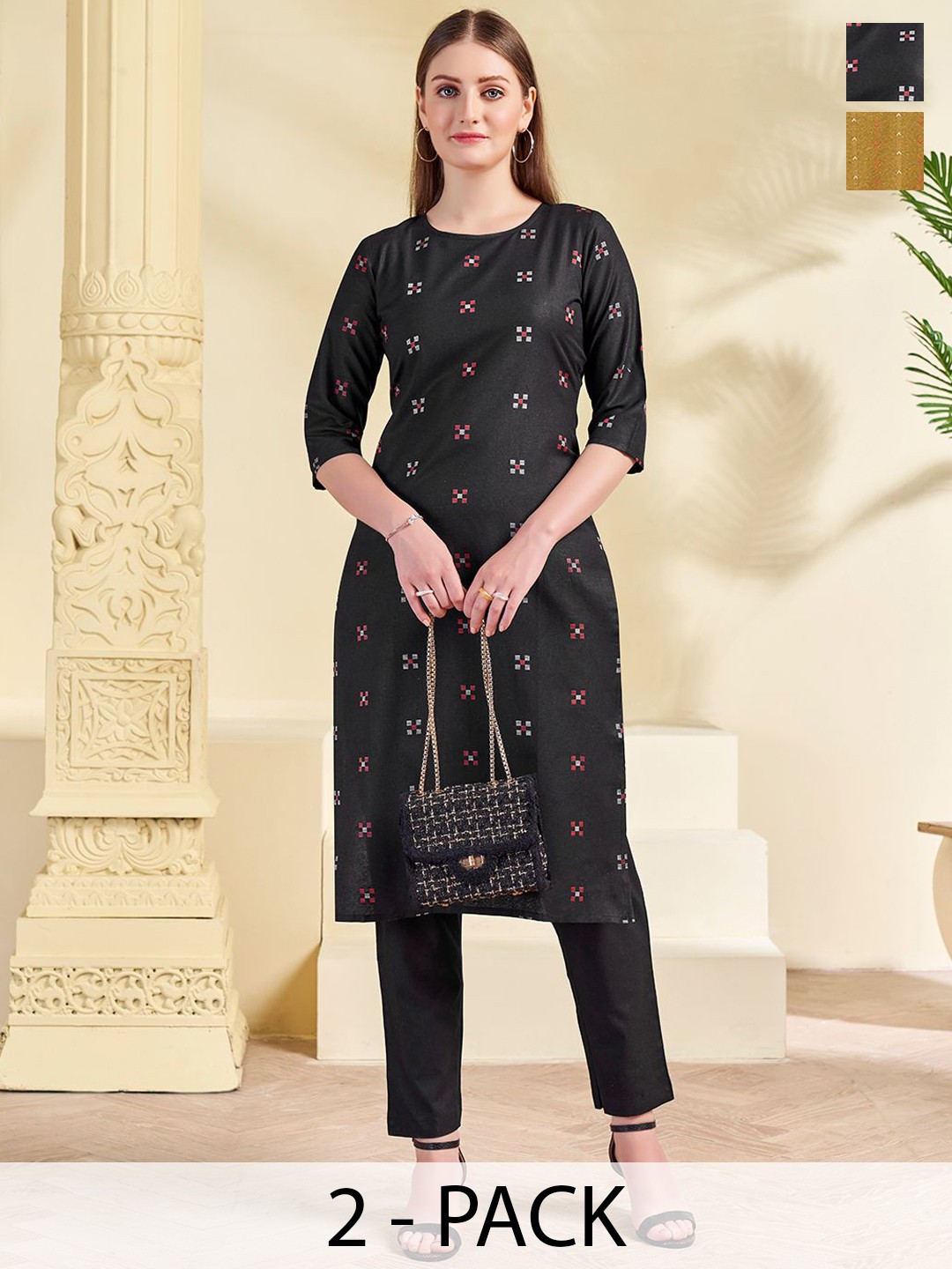 

KALINI Selection Of 2 Geometric Printed Round Neck Straight Kurtas With Trousers, Black