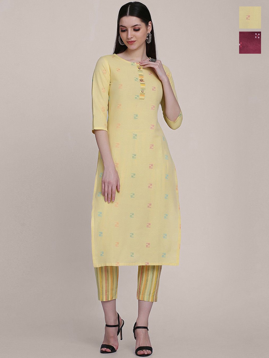 

KALINI Selection Of 2 Geometric Woven Design Round Neck Straight Kurta with Trousers, Yellow