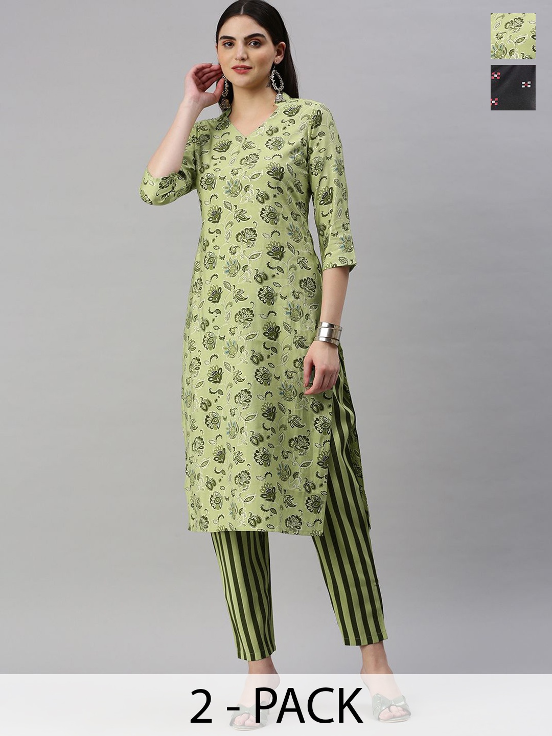 

KALINI Selection Of 2 Ethnic Motifs Printed Round Neck Straight Kurtas With Trousers, Green